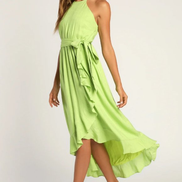 LULUS Lime Green Faux-Wrap Ruffled Midi Dress - Picture 2 of 6